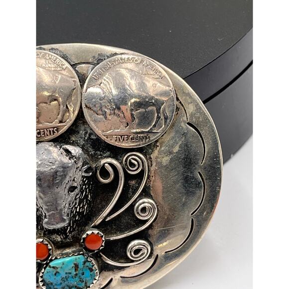 Squaw Wrap Vintage Native American Turquoise Coral Buffalo Nickel Belt Buckle - Picture 3 of 8
